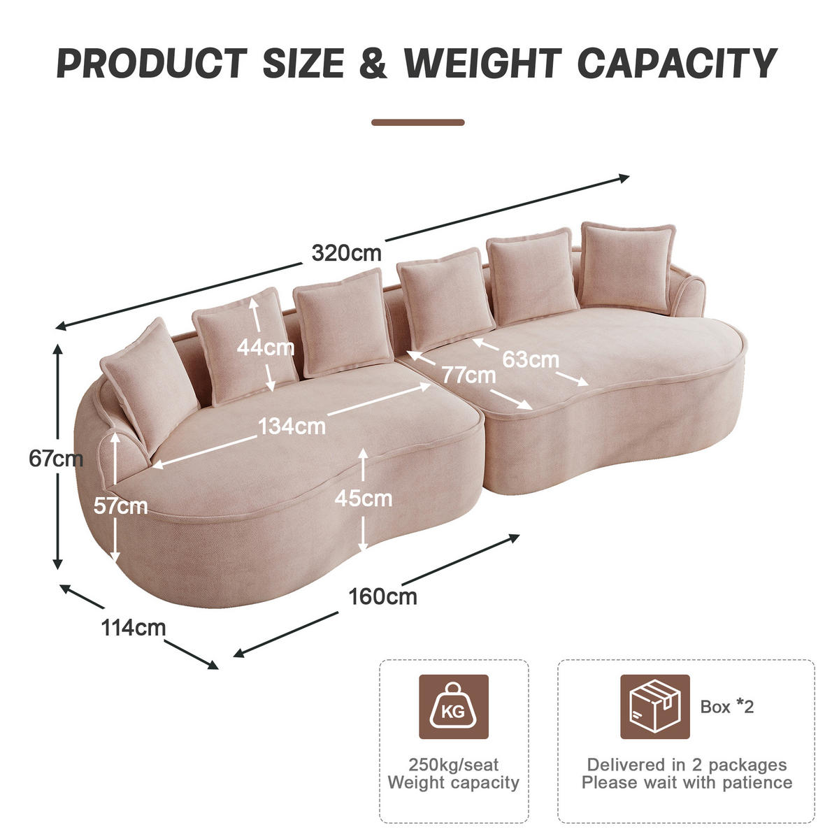 4-SITZER Sofa 320×114×67 cm aus Chenille-Stoff rahmenlos montagefrei, rosa - Rosa, Textil (114/67/320cm)