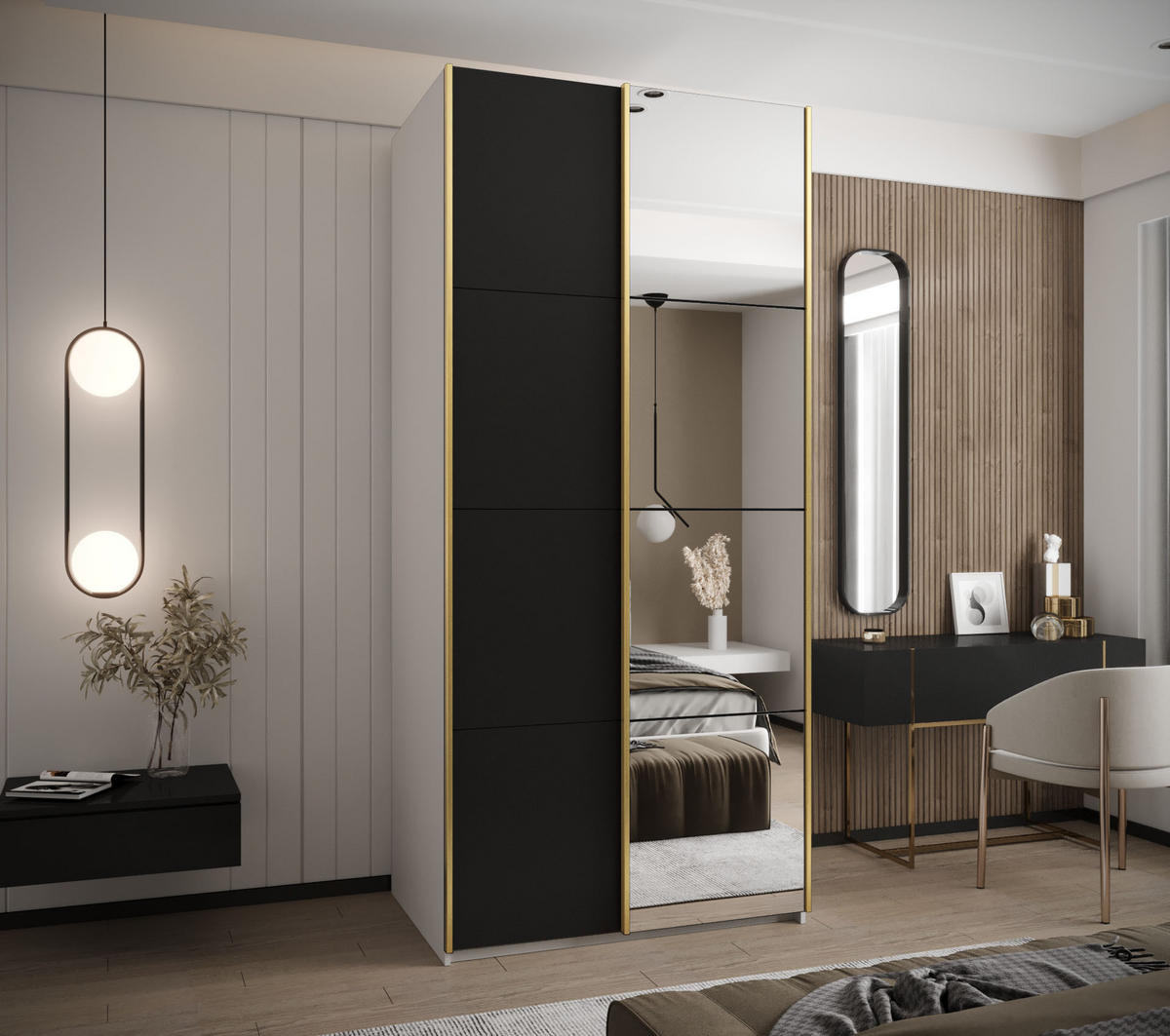 SCHWEBETÜRENSCHRANK 245,5/110/64 2-türig - Goldfarben/Schwarz, Holz/Metall (110/245/64cm) - Abiks Möbel