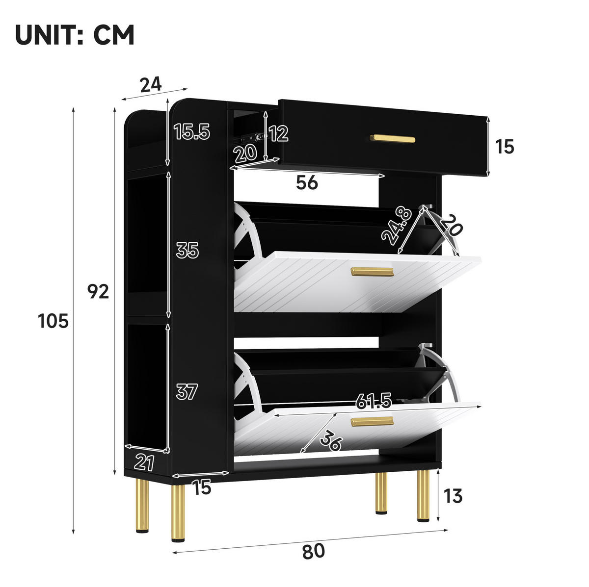 SCHUHSCHRANK 80/24/105 cm mit 2 Klappen, 1 Schublade und offenen Fächern aus MDF und Spanplatte, Weiß/Schwarz - Weiß, Holzwerkstoff (80/105/24cm) - Redom