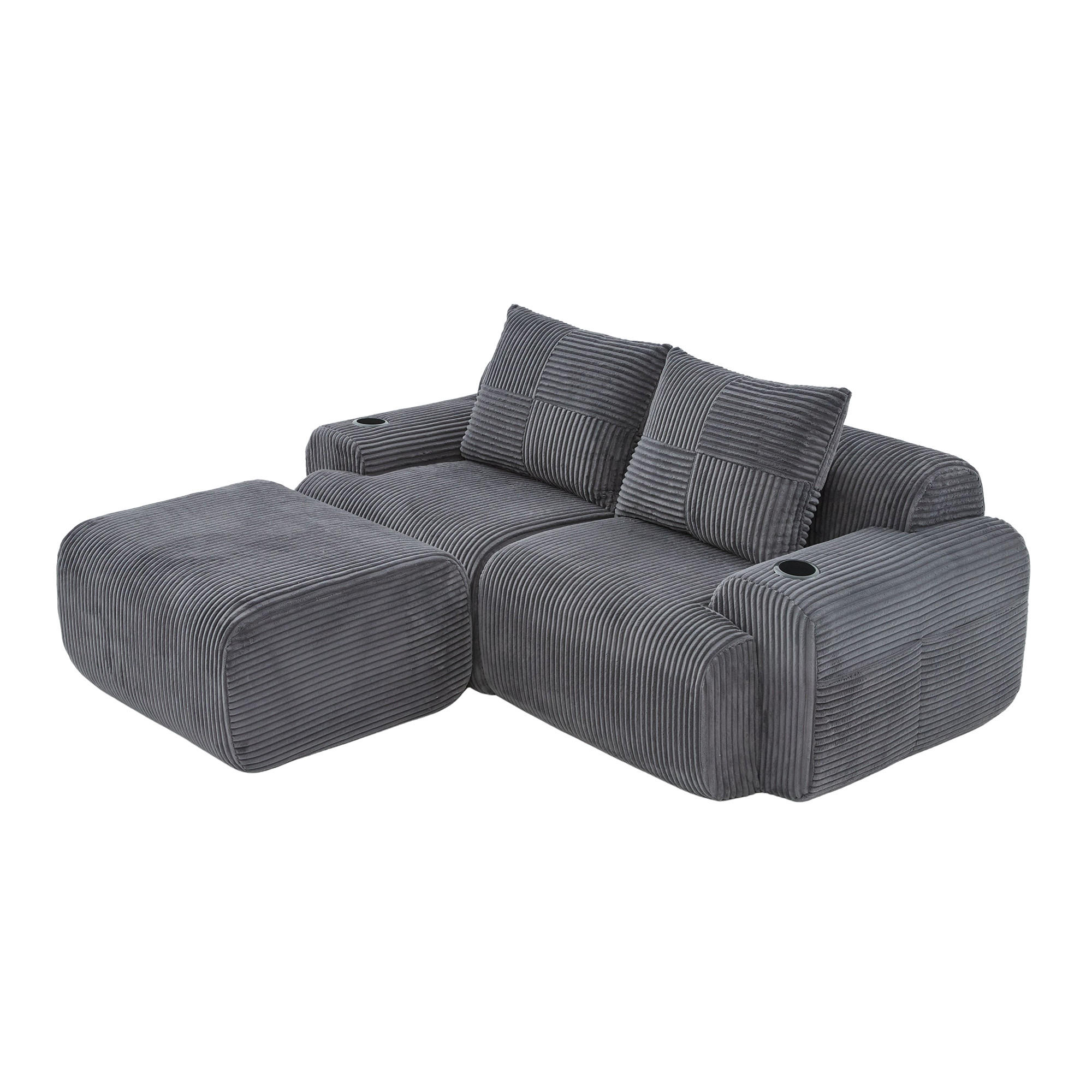 MODULARES 2-Sitzer Cordsofa mit Hocker Getränkehalter und Seitentasche 200/174/80 cm Dunkelgrau - Dunkelgrau, Textil (174/200cm) - Redom