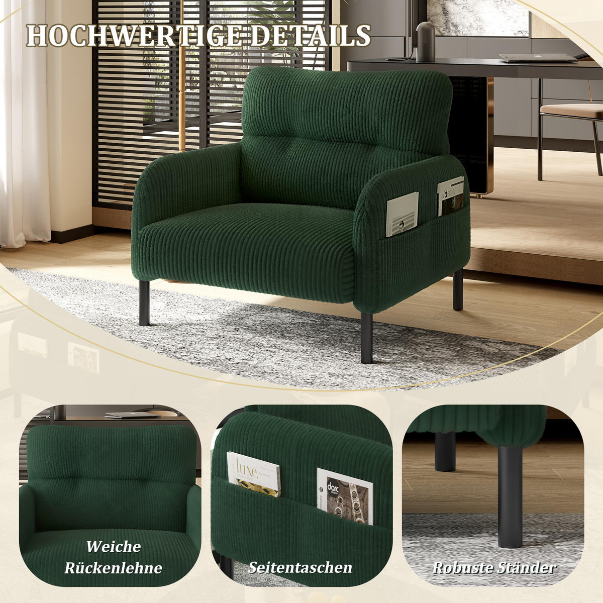 SESSEL Cord Smaragdgrün mit Seitentasche - Grün, Textil/Metall (67/79/75cm) - WISHDOR