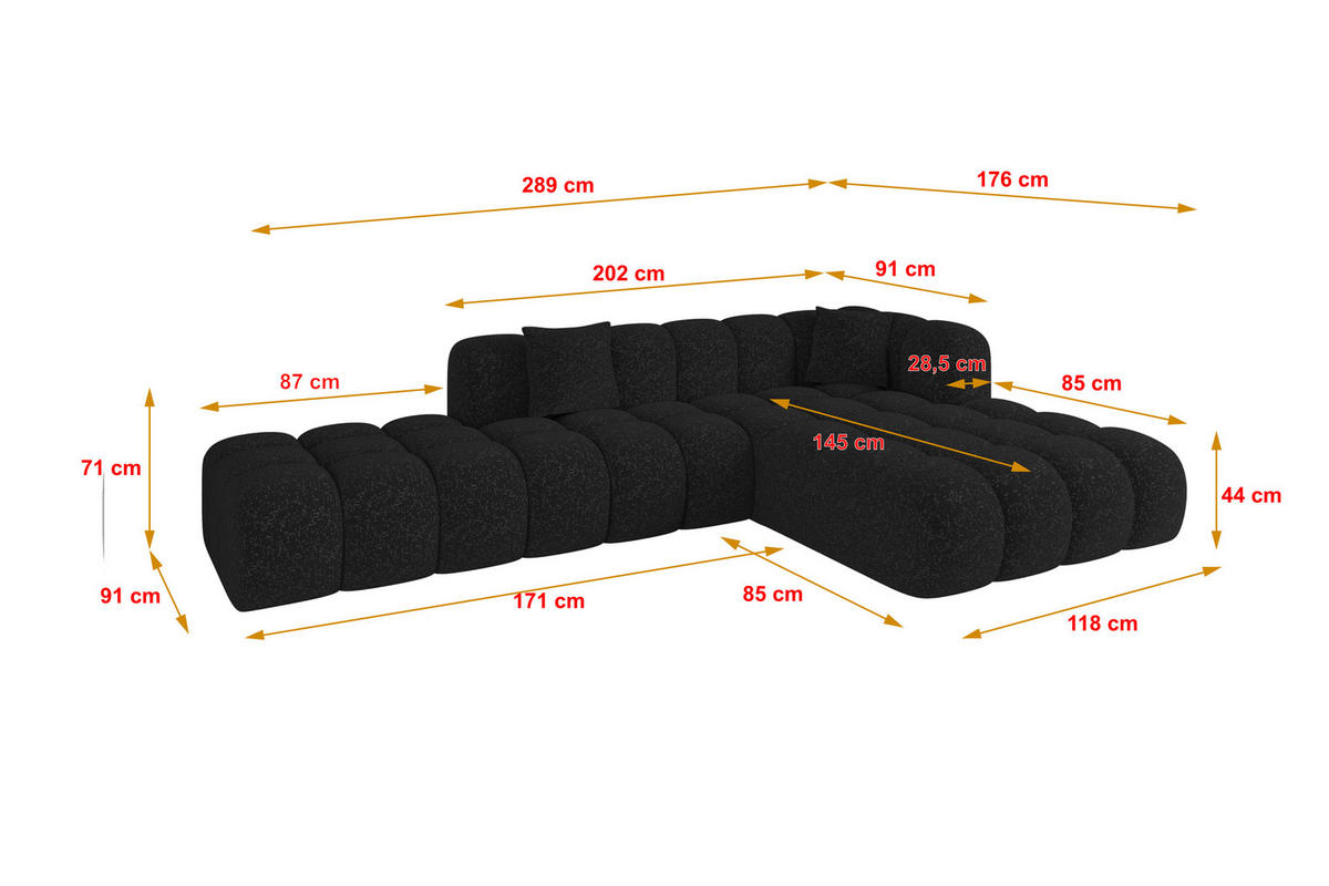 ECKSOFA Ottomane Rechts OLEA-L2 - 289x176x71 cm Schwarz - Schwarz, Holzwerkstoff/Kunststoff (289/176cm)