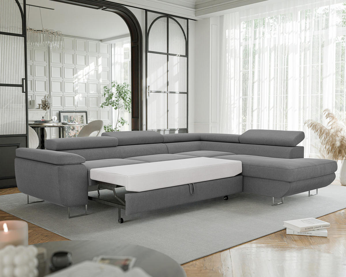 ECKSOFA ANTON mit Schlaffunktion und Bettkasten Dunkelgrau - Dunkelgrau, Holzwerkstoff/Kunststoff (274/203cm) - Idohome