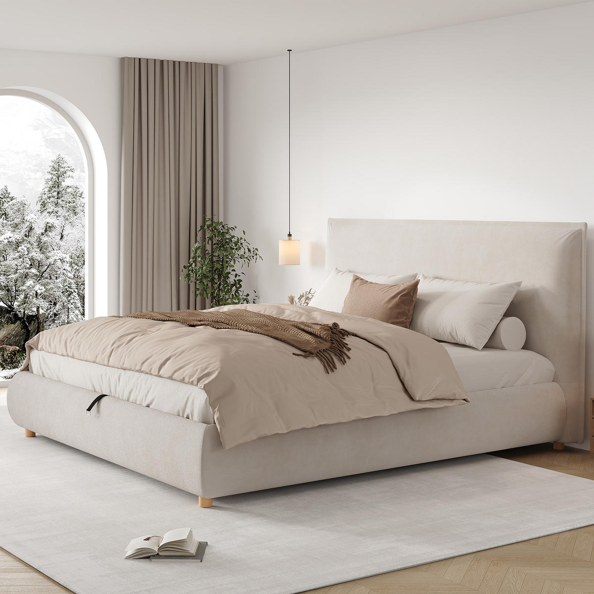 POLSTERBETT Creme Samt 180x200 Hydraulik Stauraum Massivholz - Creme, Textil (180/200cm) - FLIEKS