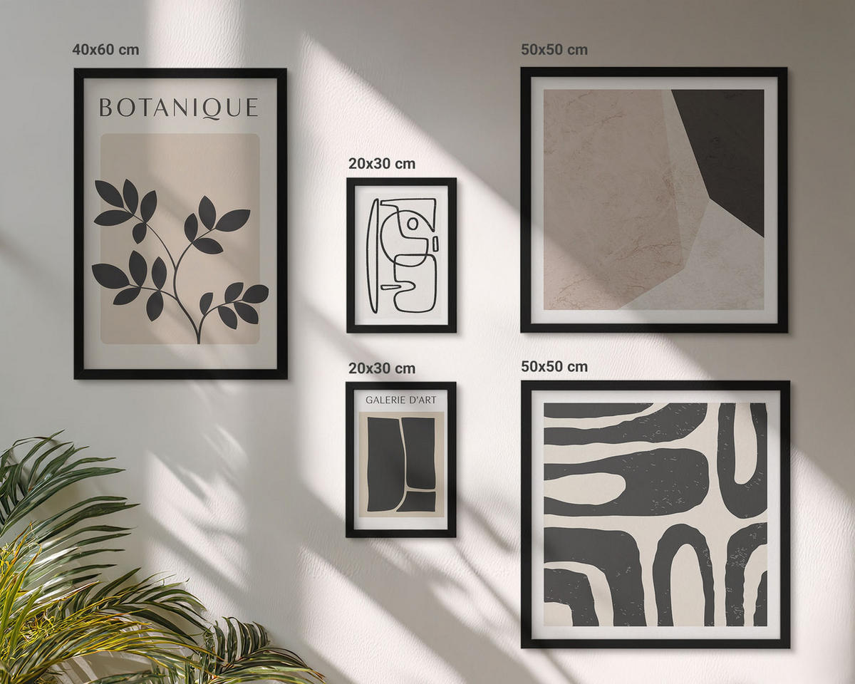 BILDER SET 5er Set - 50x50 cm & 20x30 cm & 40x60 cm Schwarzer Rahmen - Abstrakte Boho-Musterformen - Schwarz, Kunststoff (40/60cm) - TULUP