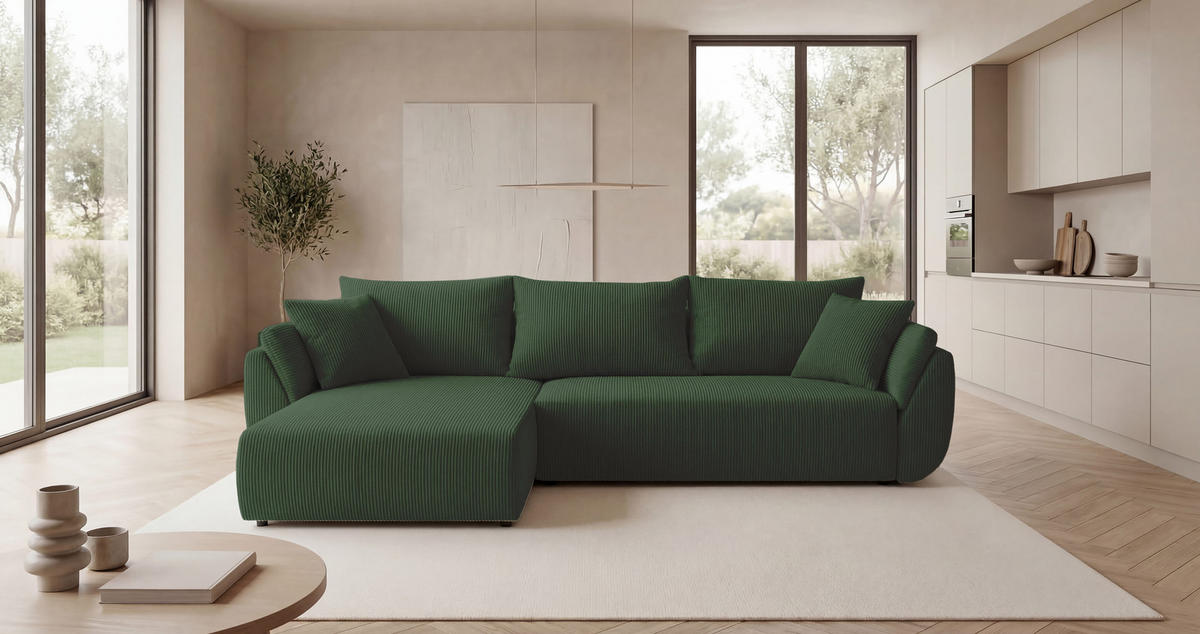 ROHOVÁ pohovka SYDNEY levá zelená manšestr Poso 14 - funkce spaní, úložný prostor - zelená barva, textil (280/174cm) - Cornero