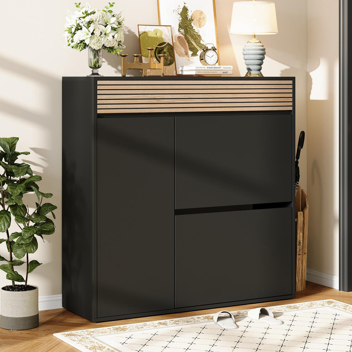 SCHUHSCHRANK 100×35×105cm Schwarz Naturholz mit 2 Klappen - Schwarz/Naturfarben, Holzwerkstoff (100/105/35cm) - FLIEKS