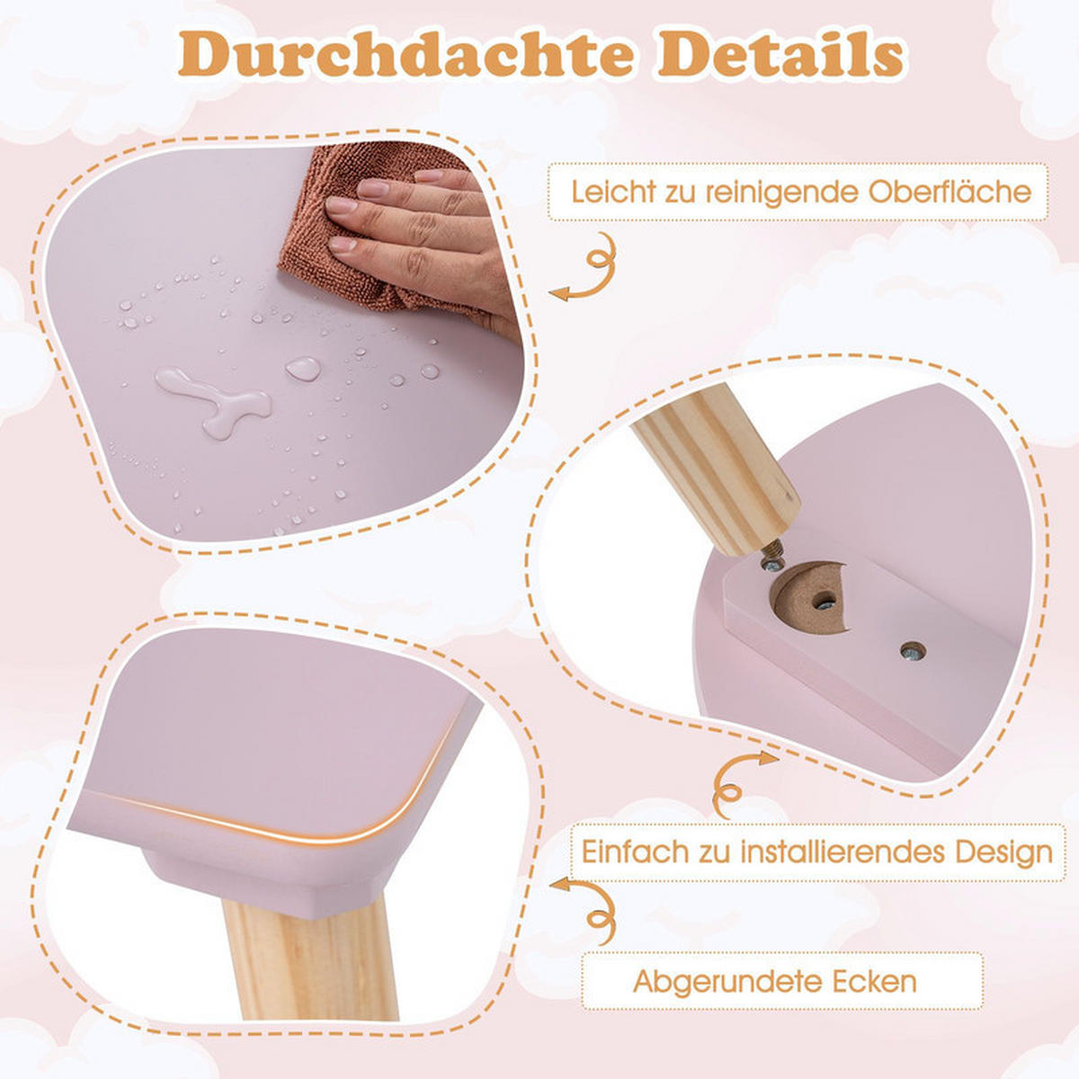 KINDERTISCH mit stuhl rosa(3-tlg) - Pink, Holzwerkstoff (60/44/60cm) - COSTWAY