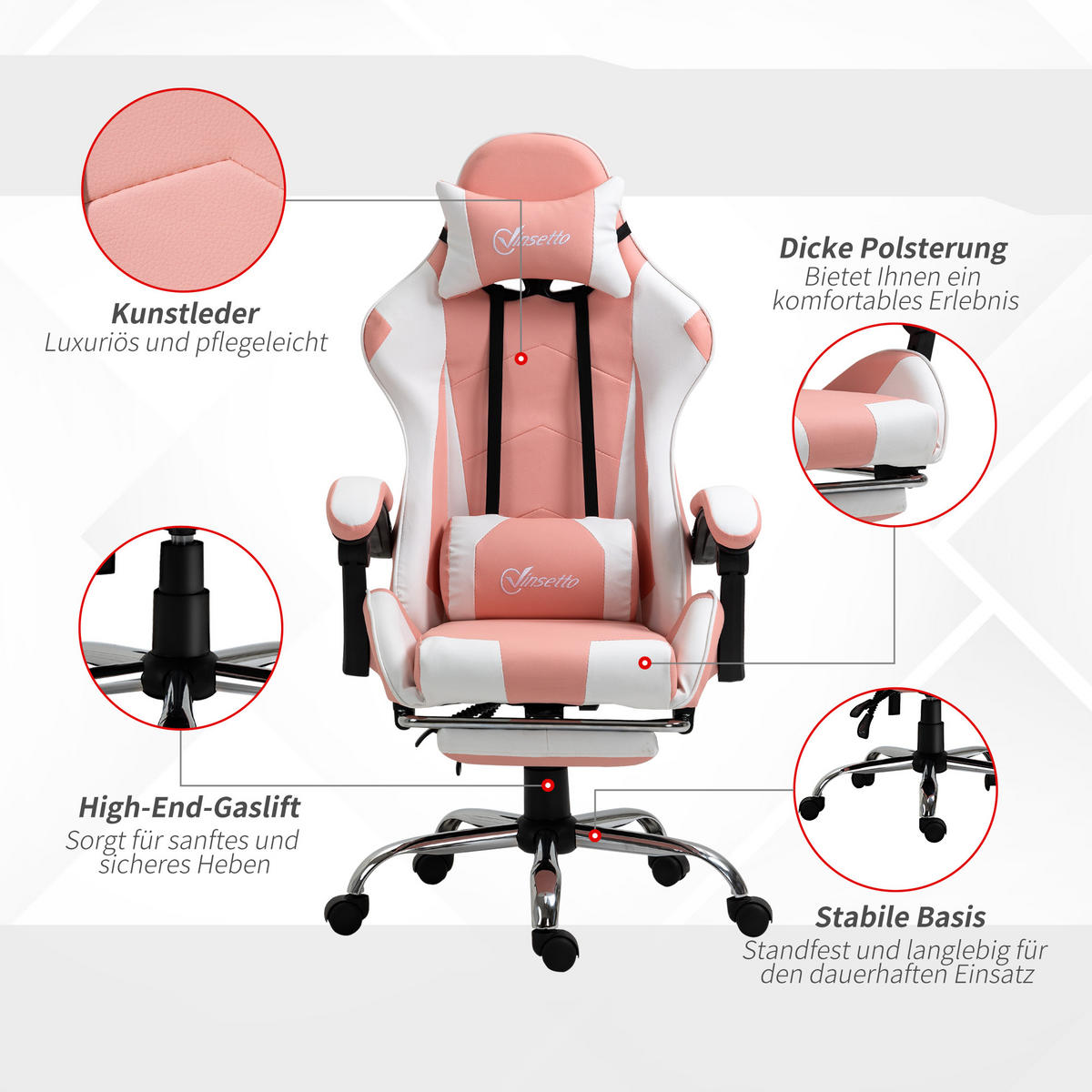 GAMINGSTUHL, Kunstleder, PVC, Rosa+Weiß - Multicolor, Kunststoff (67/127/64cm) - Vinsetto