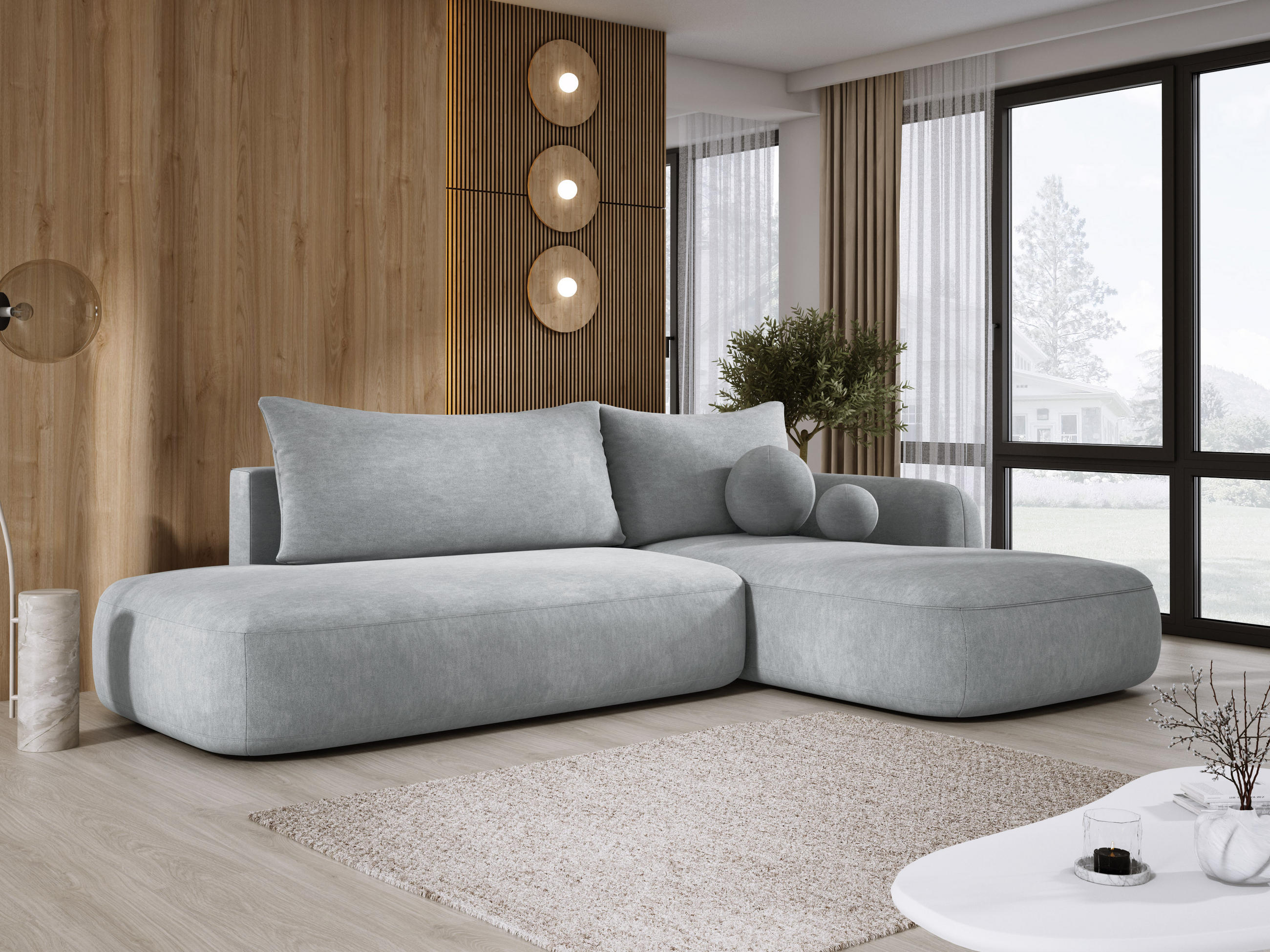 ECKSOFA BABU mit Bettfunktion – Moderne Polsterecke für Wohnzimmer, Funktionales Schlafsofa im Stoff CLOUD, 300x105x60 cm, Rechte, – Hellgrau - Hellgrau, Holz/Textil (300/190cm) - DomoHome