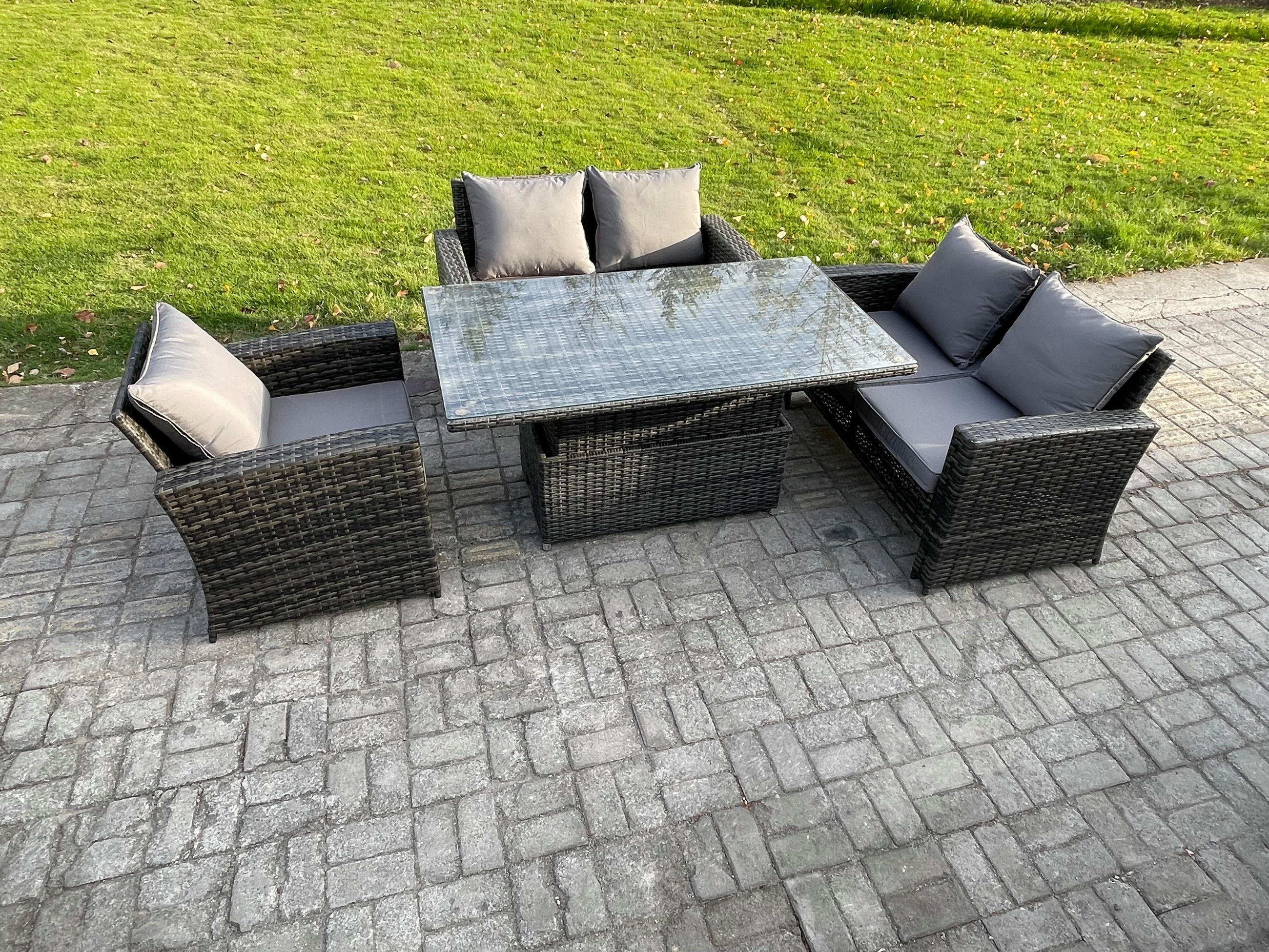 GARTENMÖBEL SET mit höhenverstellbarer Tisch Polyrattan Dunkelgrau 5-Sitzer - Dunkelgrau, Metall - Fimous