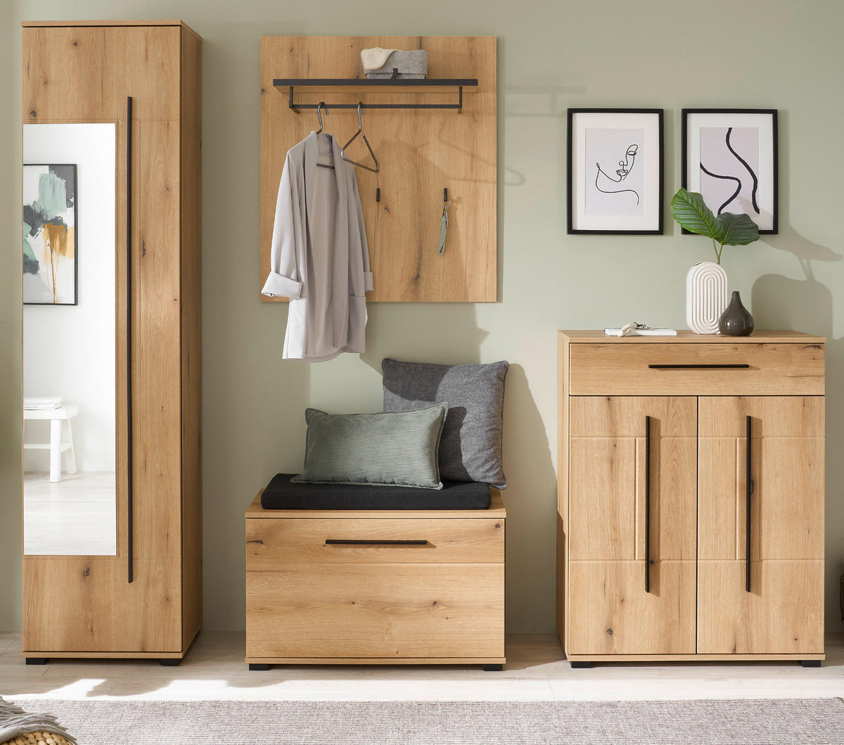 GARDEROBEN-SET Evoke Eiche 5-teilig 230 cm, Flurgarderobe mit viel Stauraum - Eichefarben/Dunkelgrau, Glas/Holzwerkstoff (230/230/40cm) - Furn.Design