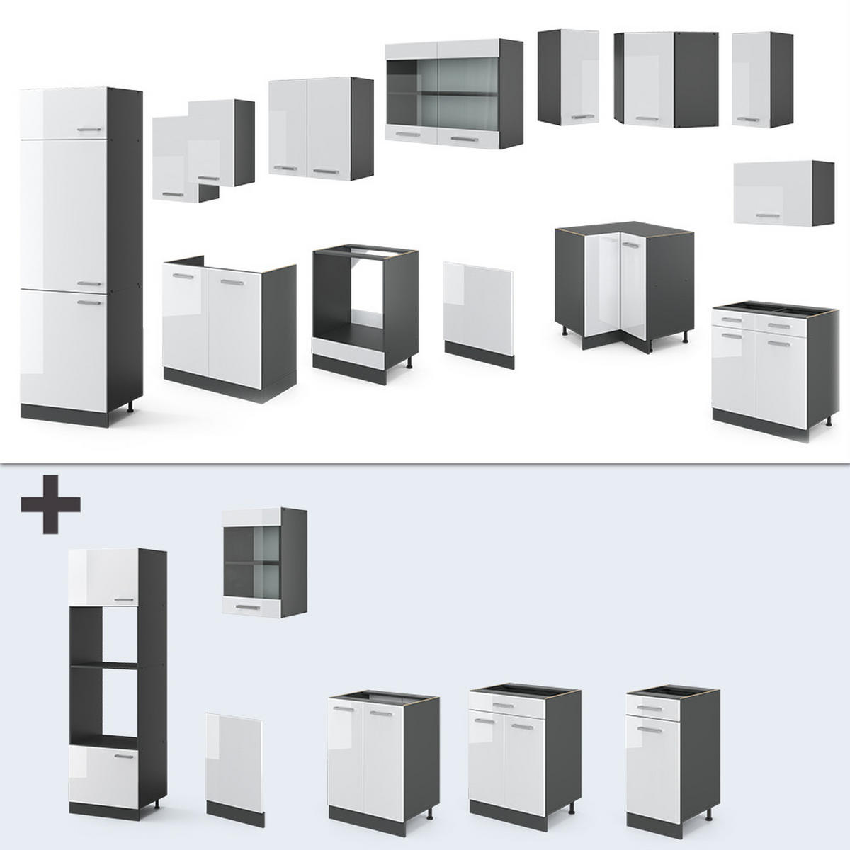ECKKÜCHE R-Line Weiß Hochglanz/Anthrazit 227 x 287 cm ohne AP - Weiß Hochglanz/Anthrazit, Holzwerkstoff (287/81.6/46cm) - Vicco