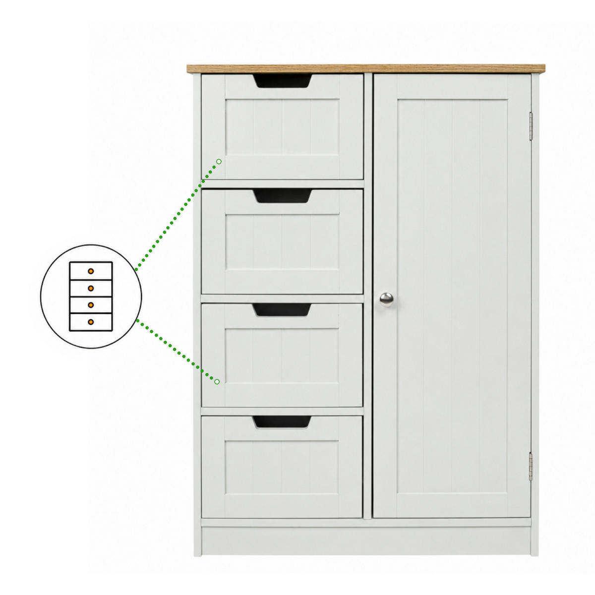 BADEZIMMERSCHRANK MDF Weiß Eiche 4 Schubladen 1 Tür 60x30x80 cm - Weiß, Holzwerkstoff (60/80/30cm) - Begryf