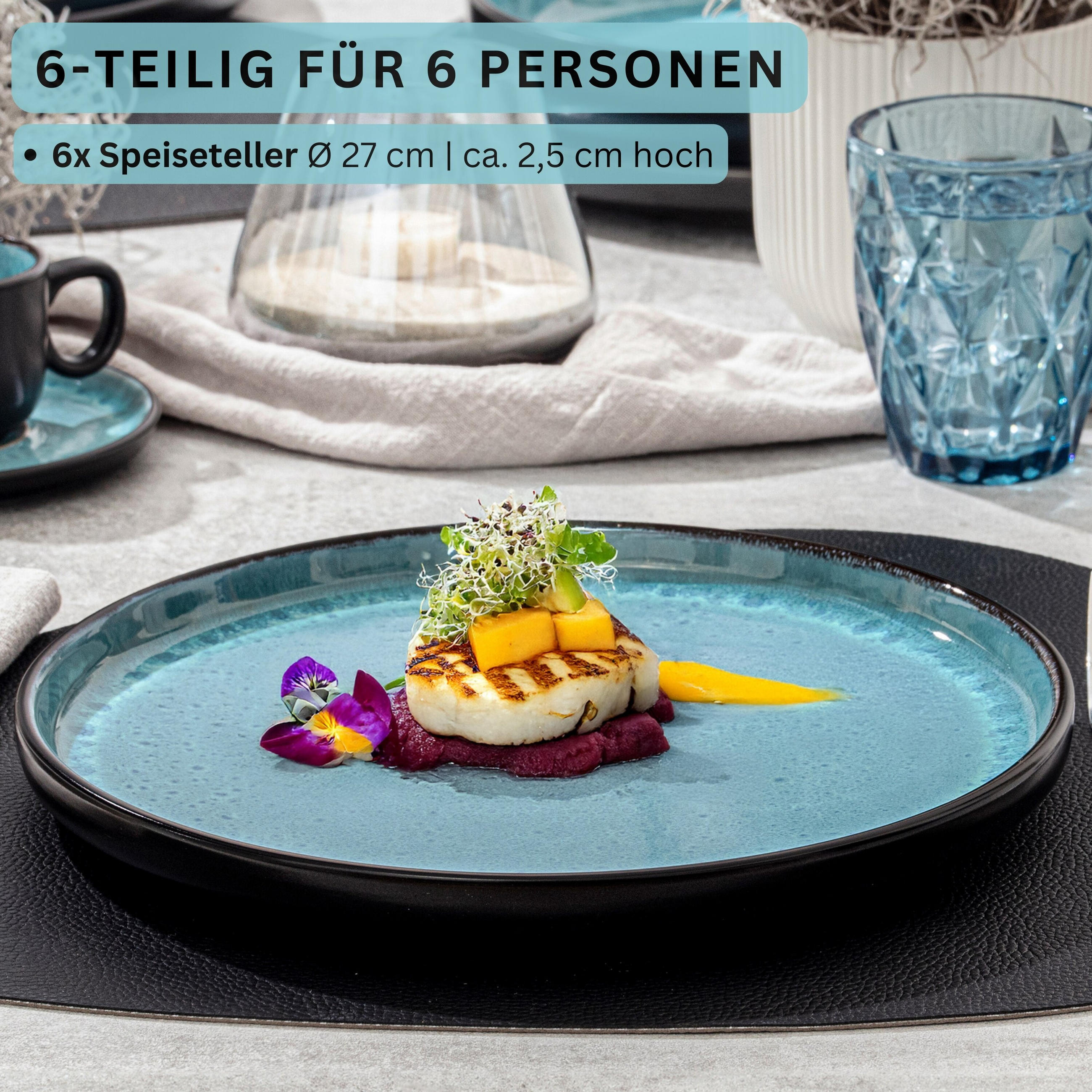 SPEISETELLER SET GRANADA - 6 teilig aus Steingut - Blau, Stein (27cm) - Sänger