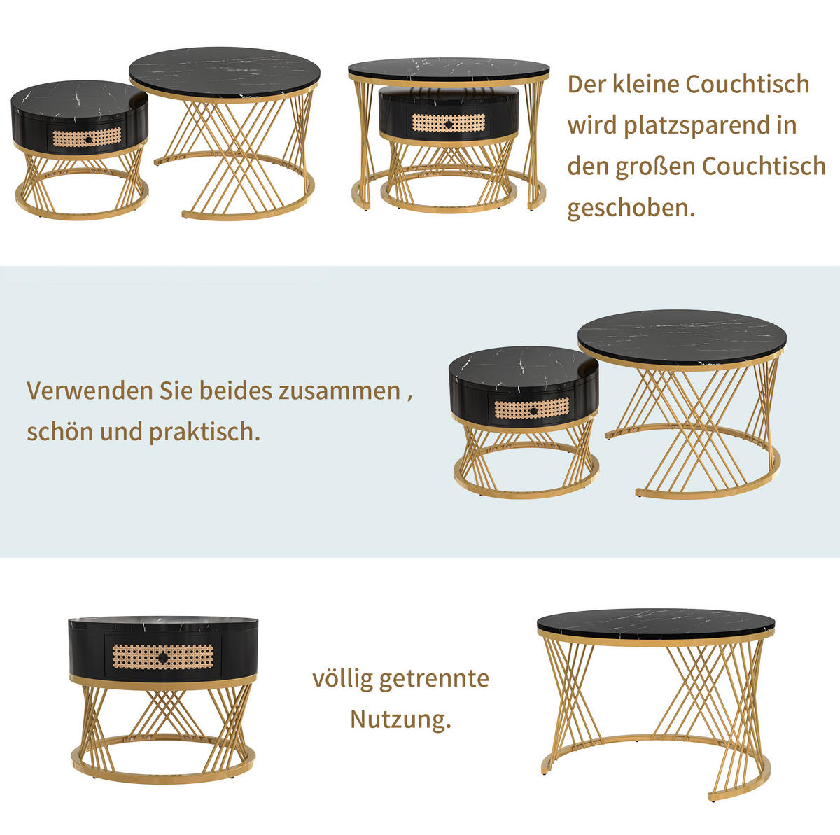 COUCHTISCH-SET aus MDF 70x70x45,5 cm Schwarz/Gold mit Schublade und Marmormuster - Schwarz, Holzwerkstoff (70/70/45.5cm) - IVMEU