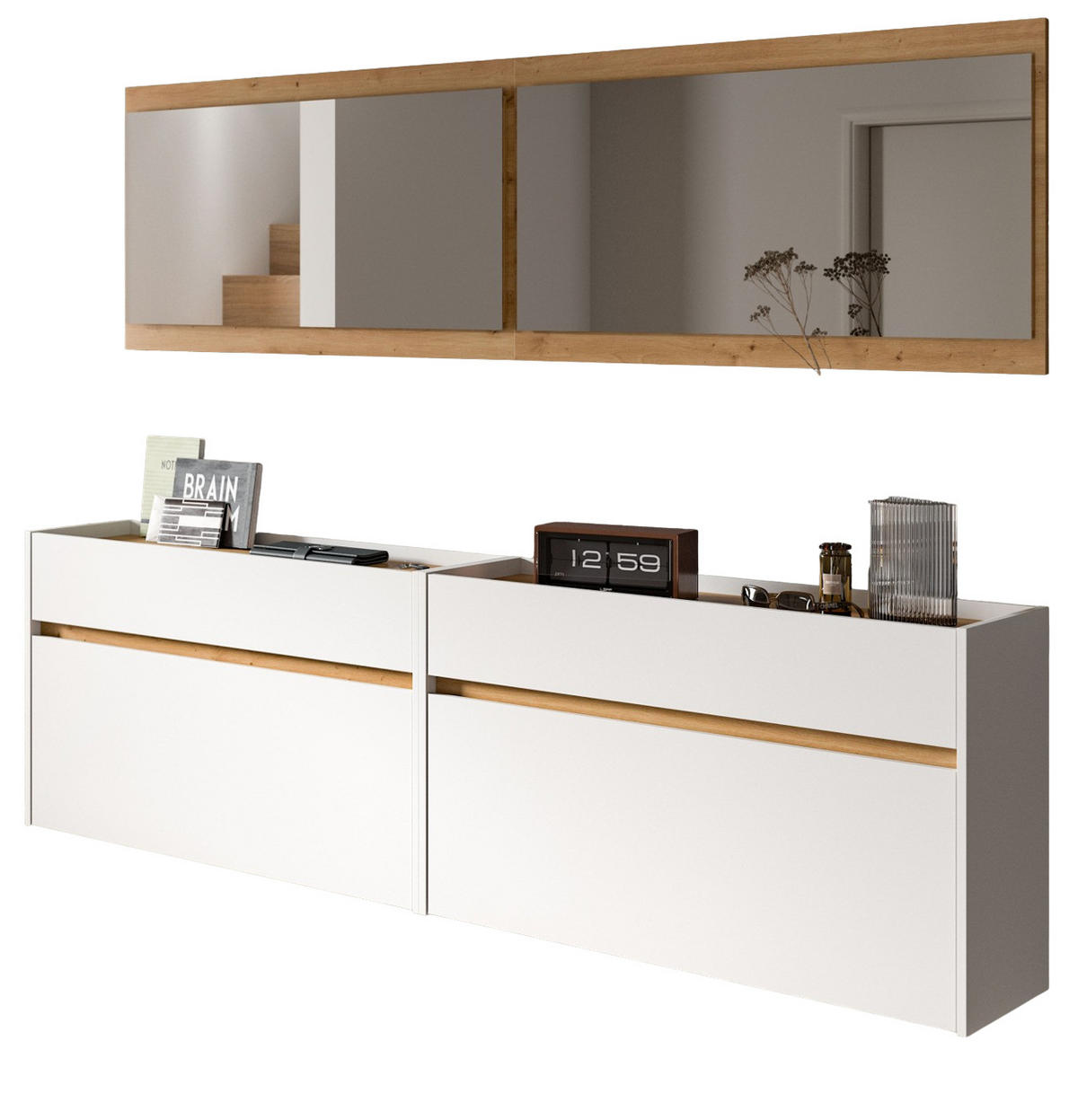 GARDEROBE-SET weiß und Artisan Eiche, Garderobe 4-teilig, 220 x 192 cm, Borga - Weiß/Eiche Artisan, Holzwerkstoff (220/192/32cm) - Inn.Furn