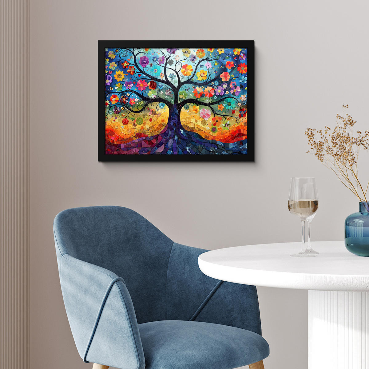 POSTER MIT RAHMEN Kunst - Baum des Lebens - Blumen - Hippie 40x30 cm - Dunkelblau, Papier (40/30cm) - MuchoWow