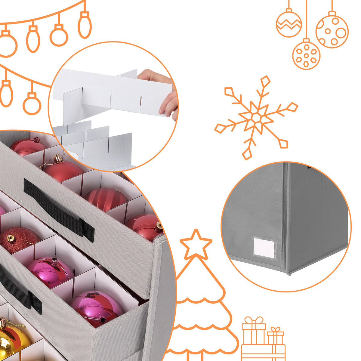 WEIHNACHTSKUGEL-AUFBEWAHRUNGSBOX - Grau, Wellpappe/Textil (73/40/36.5cm) - Relaxdays