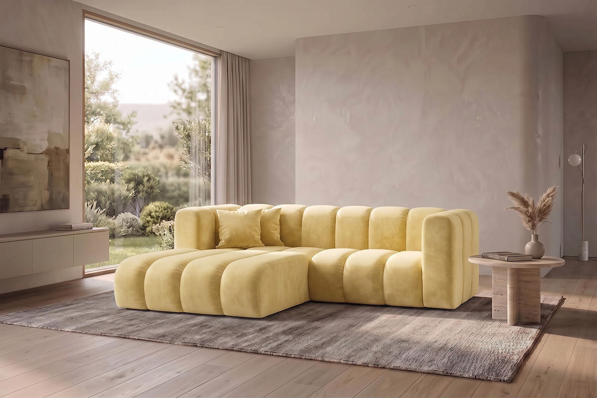 ECKSOFA Modulares In L-Form, Velvet-Stoff Riviera, Buttergelb, Links, GRAND - Hellgelb, Holz (227/179cm) - Kaiser Möbel