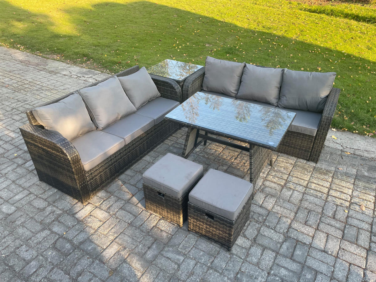 GARTENSET Hohe Rückenlehne Polyrattan 8-Sitzer - Dunkelgrau/Grau, Glas/Kunststoff - Fimous