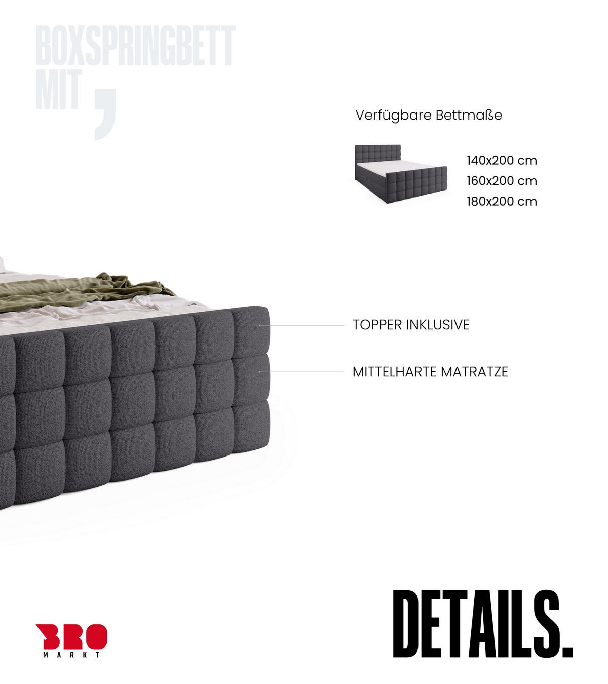 BOXBETT Dakota Duo mit Topper 140/200 Dunkelgrau - Dunkelgrau, Holz/Textil (140/200cm) - Bromarkt