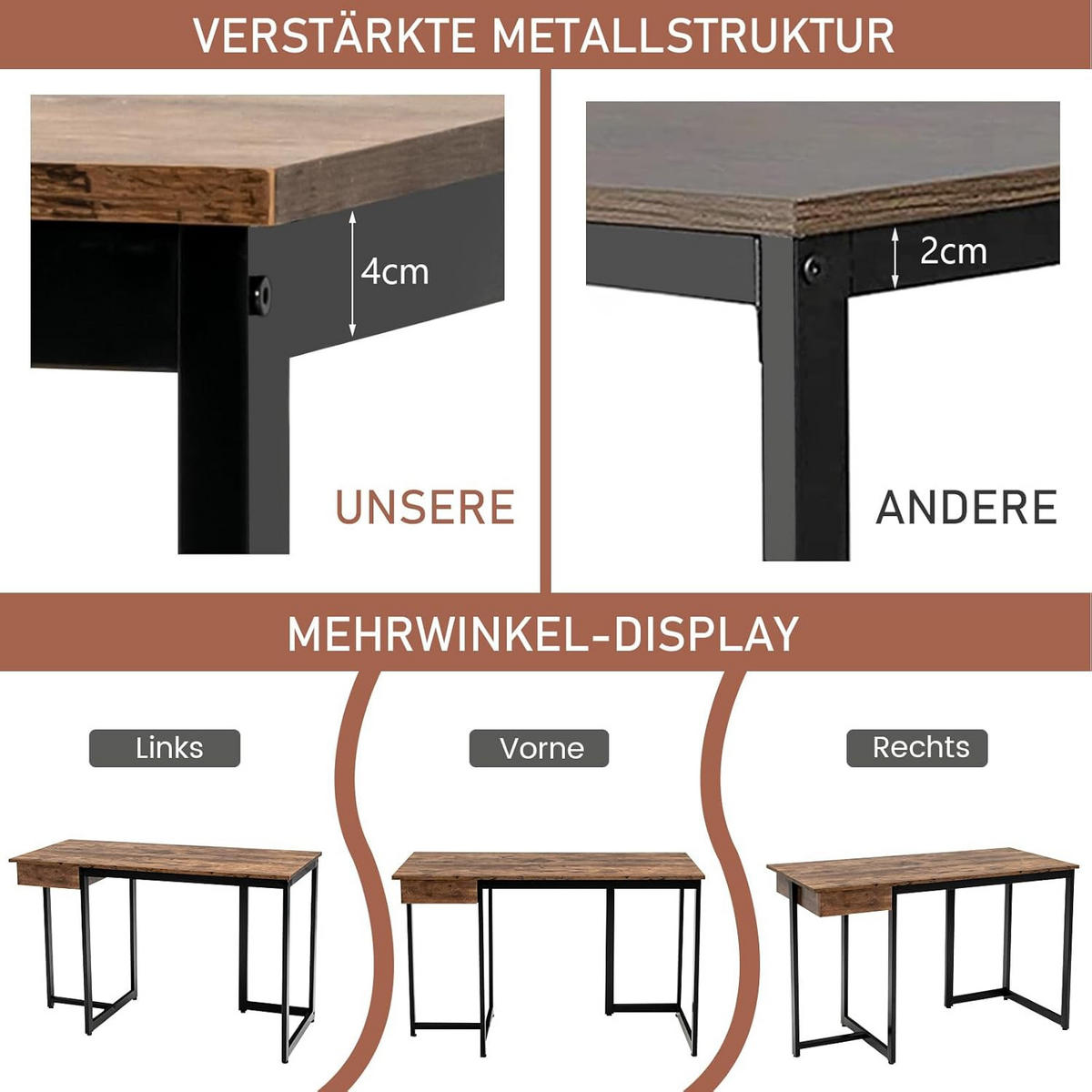 SKRIVBORD 75 cm i vintage-ekdesign - Brun, Trä (55/120/75cm) - COSTWAY