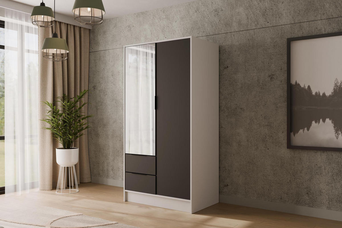 KLEIDERSCHRANK mit Spiegel und Flügeltüren KOLIN 100x200cm Weiß / Schwarz - Schwarz/Weiß, Holzwerkstoff (102/200/51cm) - ALTDECOR