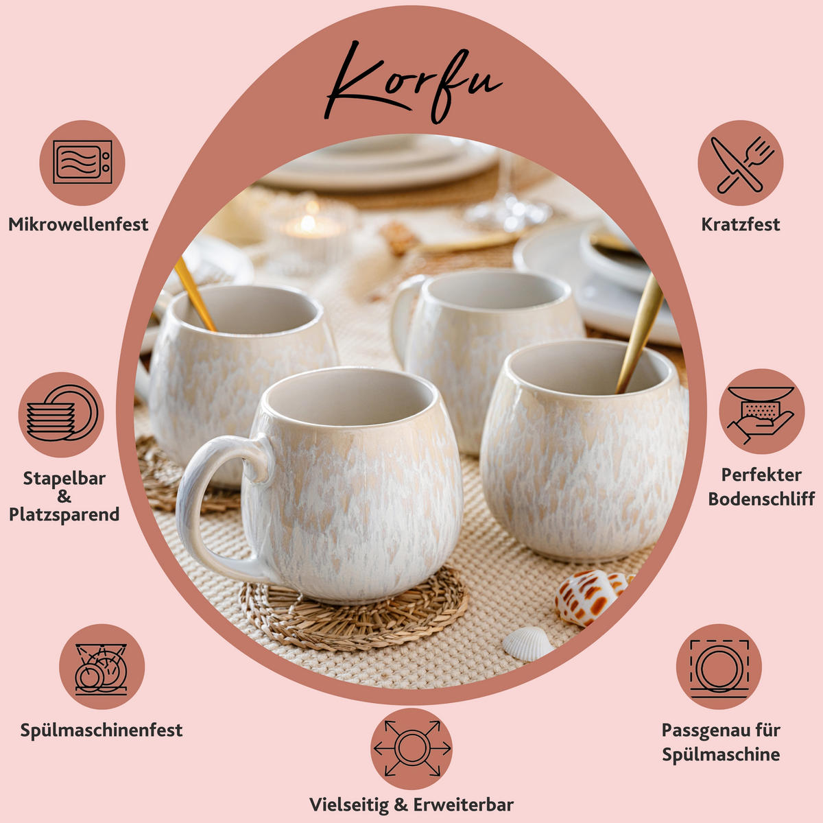 CAPPUCCINOBECHER SET KORFU - 4 teilig aus Steingut - Creme, Keramik (8.5/9.5/8.5cm) - Sänger