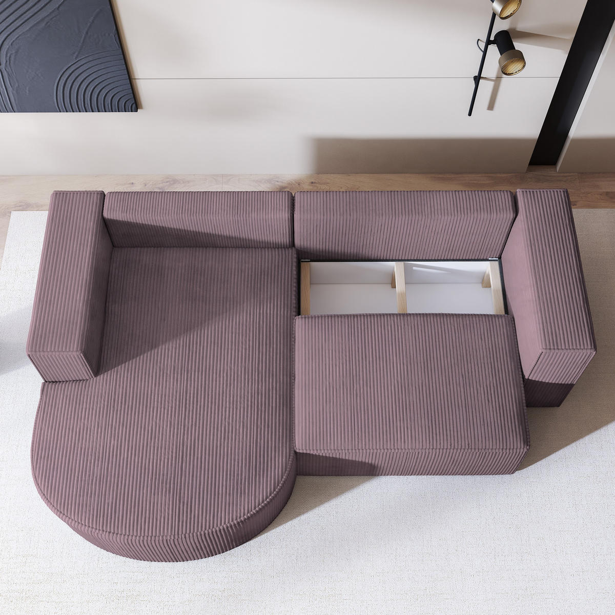 ECKSOFA SORELA P L-S Lila Kordstoff mit Schlaffunktion - Lila, Holz (263/174cm) - MASSENO