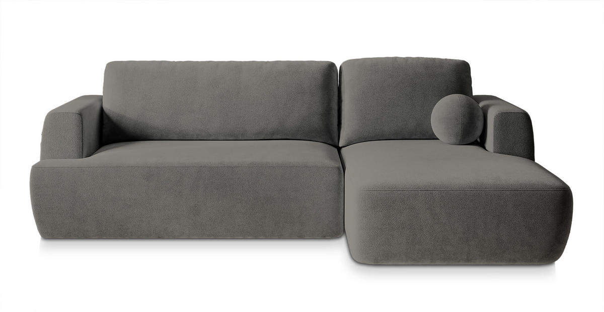 ECKSOFA SENTI K R-S Grau Plüsch-Stoff mit Schlaffunktion - Grau, Holz (246/148cm) - MASSENO