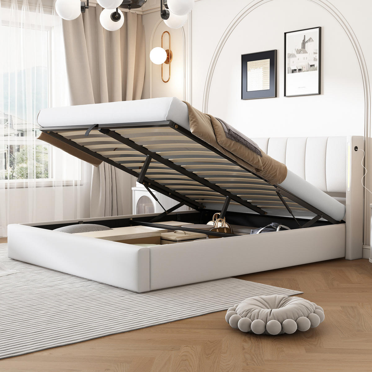 POLSTERBETT 140/200 cm mit Bettkasten, LED & USB, verstellbares Kopfteil, Weiß - Weiß, Kunststoff (140/200cm) - Redom
