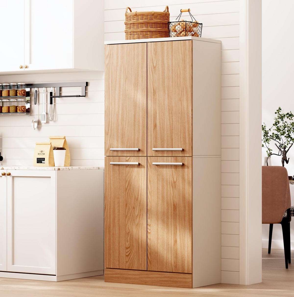 KUHINJSKI ormar od MDF-a, 76/42/180 cm bijela/prirodni hrast, 4-vratni s podesivim policama - bijela, drvni materijal (76/180/42cm) - BEAOK