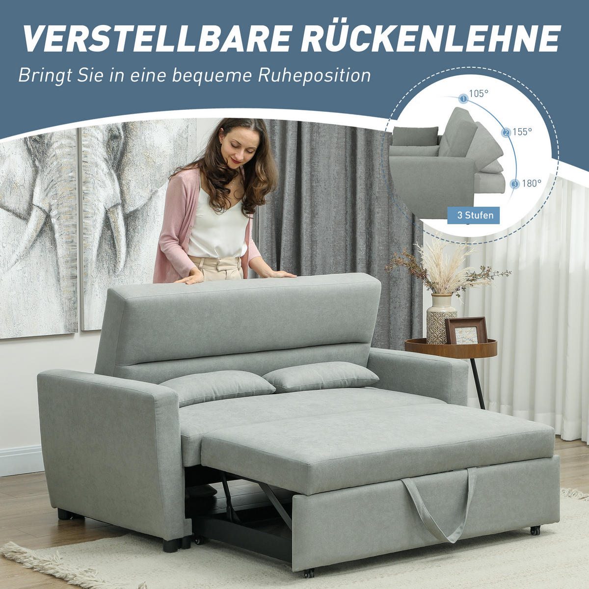 SCHLAFSOFA 2-Sitzer, Verstellbare Rückenlehne, Hellgrau - Hellgrau, Textil (155/88.5/90cm) - HOMCOM