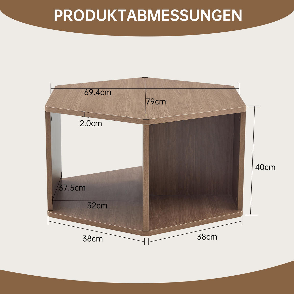 COUCHTISCH 79/69,4/40 cm in sechseckiger Form mit einfacher Montage und MDF in Holzoptik, Braun - Braun, Holzwerkstoff (79/69.4/48cm) - Redom
