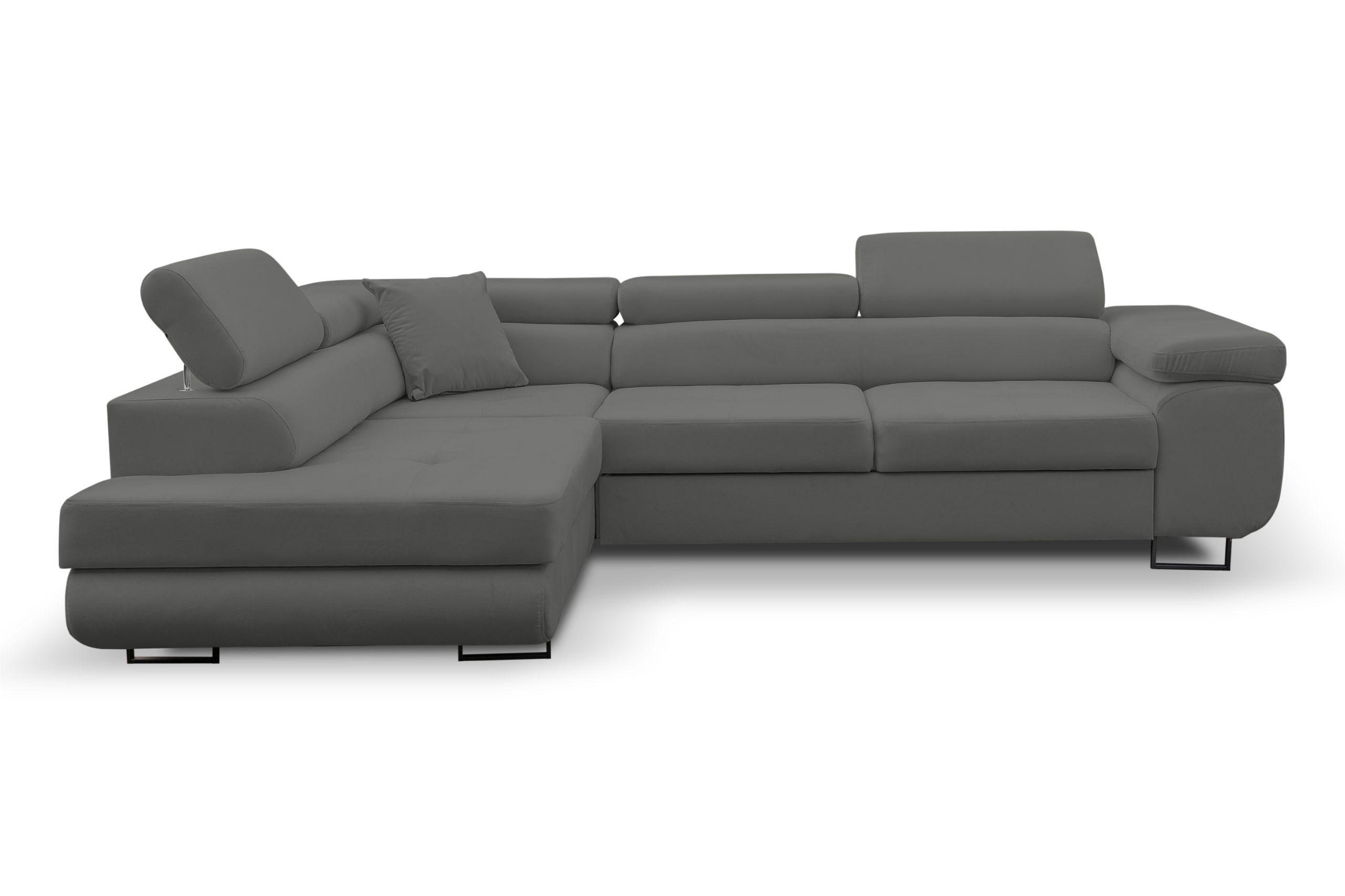 ECKSOFA Jerry in L-Form mit Schlaffunktion und Bettkasten, Farbe: Grau, Veloursstoff, Ottomane Links - Grau, Textil (202/275cm) - VENASI MÖBEL