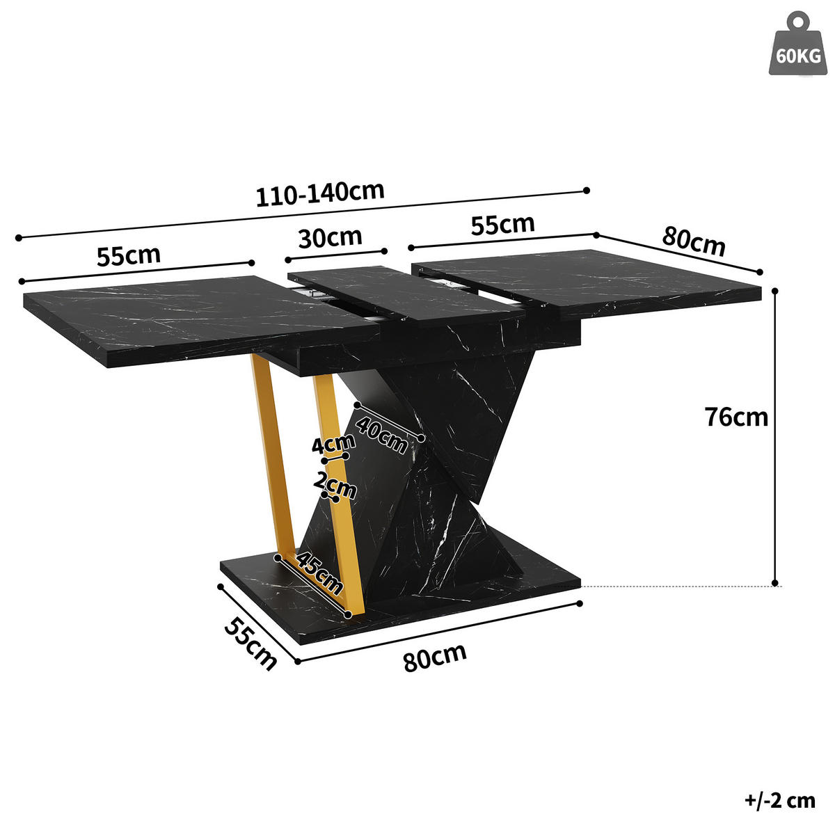 AUSZIEHBARER Esstisch, MDF in Marmoroptik mit Metallgestell, 110–140/80/76 cm, Schwarz - Schwarz, Holzwerkstoff (110/80/76cm) - Redom
