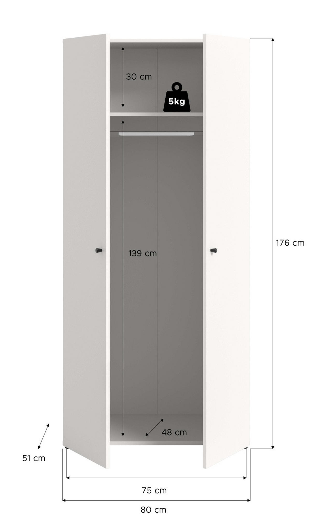 KLEIDERSCHRANK weiß 2-türig 80 cm, Drehtürenschrank mit zusätzlichen Einlegeböden - Schwarz/Weiß, Holzwerkstoff/Kunststoff (80/176/51cm) - Inn.Furn