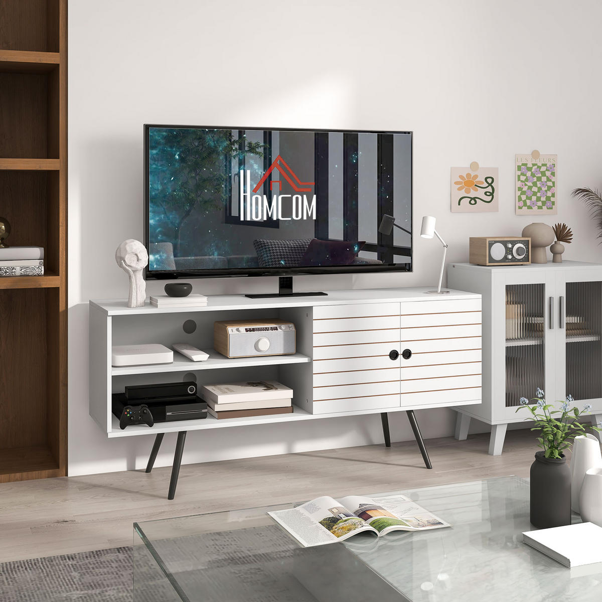 TV-LOWBOARD Weiß 145/38/65 cm, Soft-Close, Kabelmanagement, Holzbeine - Weiß, Holzwerkstoff (145/65/38cm) - PANGIVO