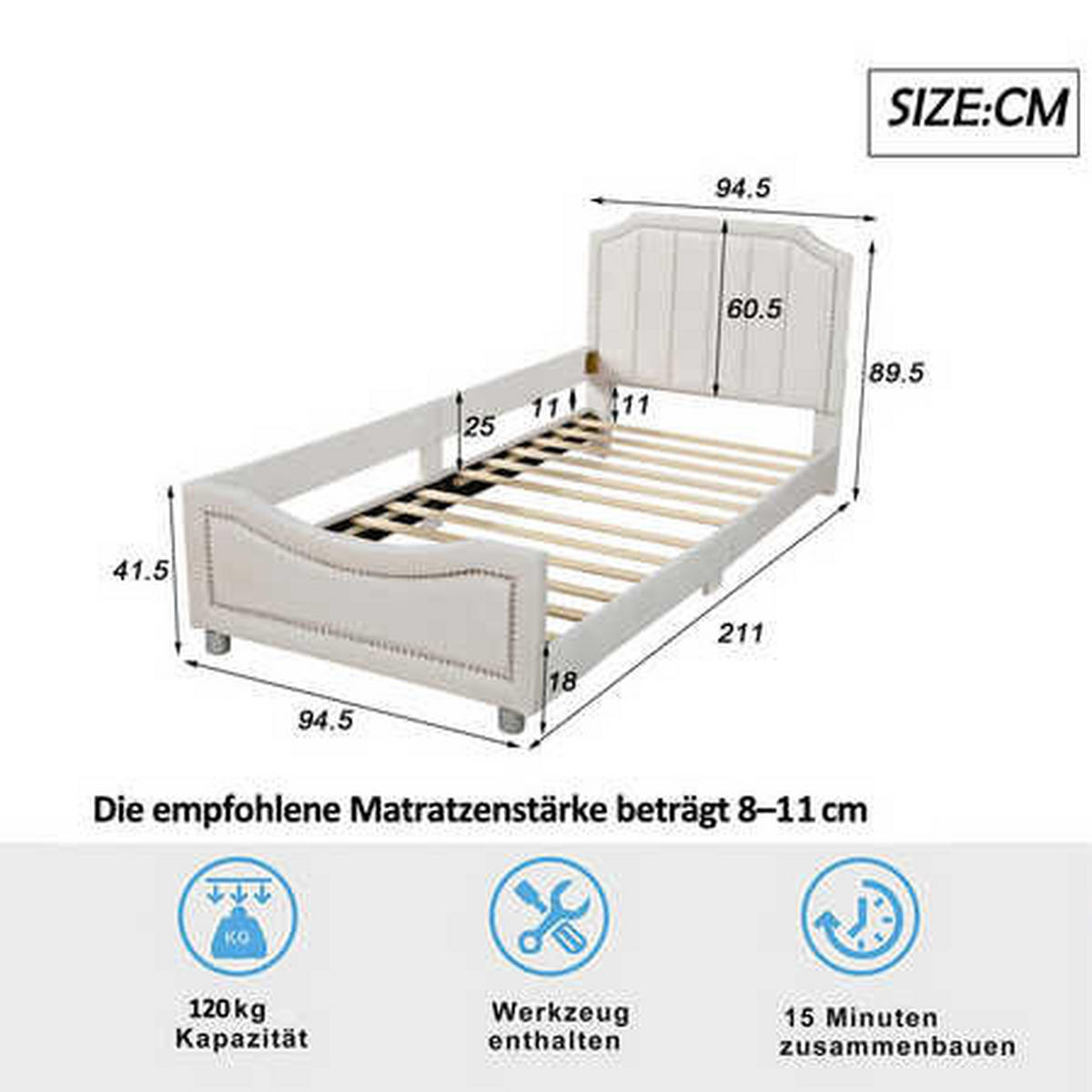 KINDERBETT 90x200 Beige Flanell Rückenlehne - Beige, Holz (90/200cm) - FLIEKS