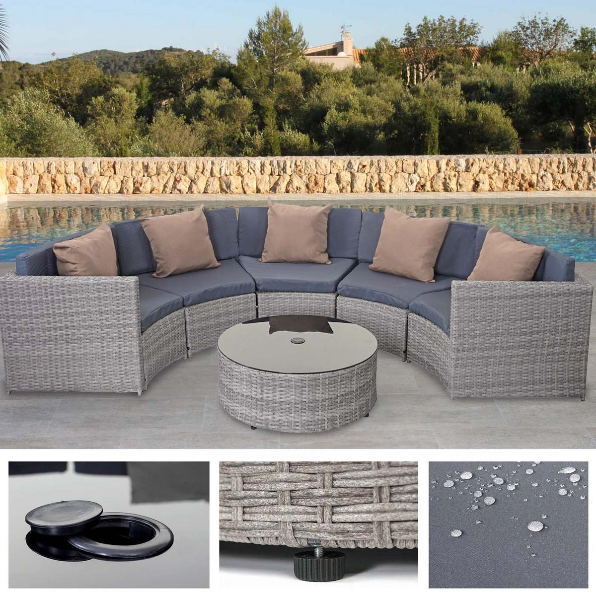POLY-RATTAN GARNITUR RUND Grau, Anthrazit, Beige - Anthrazit/Beige, Kunststoff - MCW
