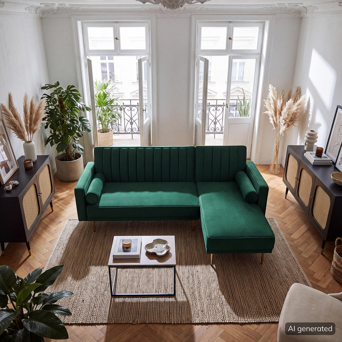ECKSOFA mit Schlaffunktion - Dunkelgrün/Goldfarben, Textil/Metall (223/144cm) - home24