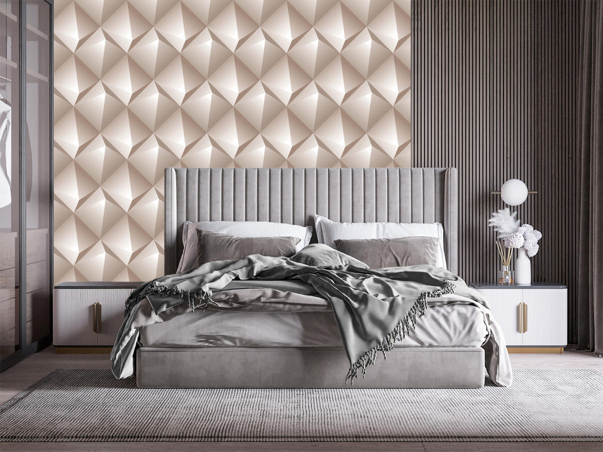 VLIESTAPETE Geometrische Facetten in 3D-Optik – Beige, Braun – 50x1000 cm - Beige/Braun, Papier (50/1000cm) - Muralo