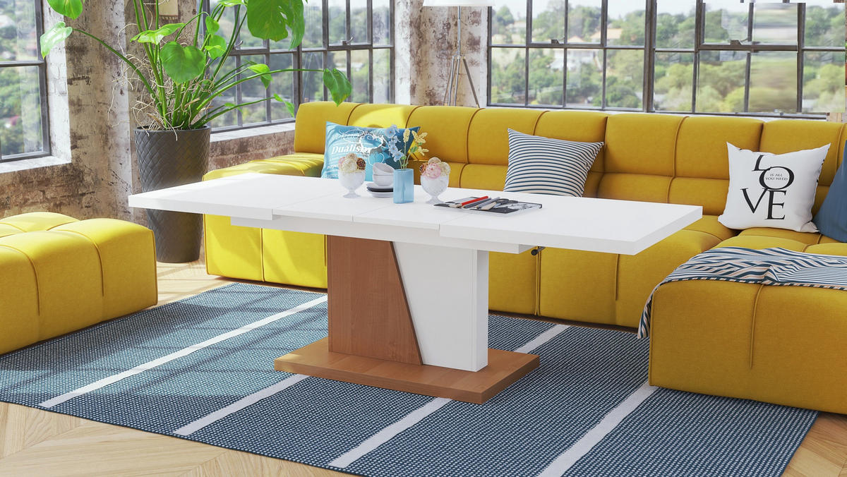 COUCHTISCH rechteckig Weiß matt Erle ausziehbar höhenverstellbar - Erlefarben/Weiß, Holzwerkstoff (70/120/60cm) - designimpex