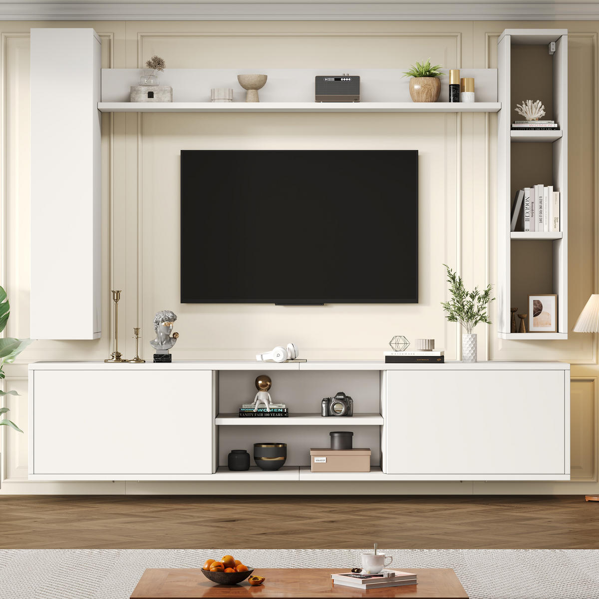 WOHNWAND 4-teilig LED TV-Board Regal Weiß 180cm - Weiß, Holzwerkstoff (180/33.5/35cm) - FLIEKS