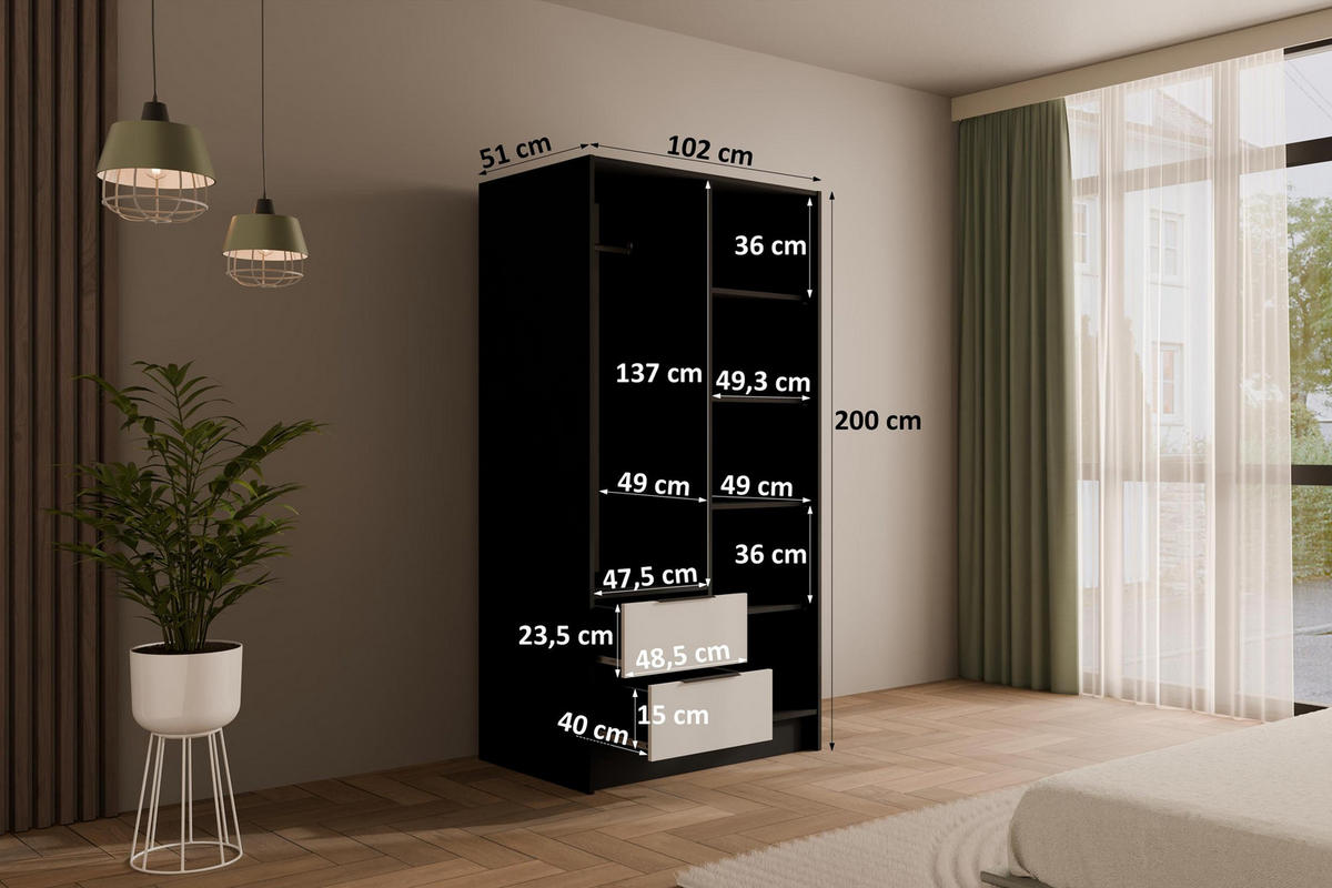 KLEIDERSCHRANK mit Spiegel und Flügeltüren KOLIN 100x200cm Schwarz / Weiß - Schwarz/Weiß, Holzwerkstoff (102/200/51cm) - ALTDECOR
