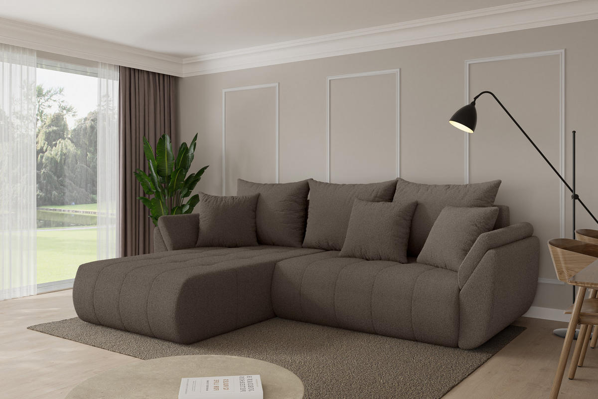ROHOVÁ SEDAČKA s funkcí spaní, otoman vlevo TOKO-L 277x194x86 hnědá bouclé - černá/hnědá, kompozitní dřevo/textil (277/194cm) - ALTDECOR