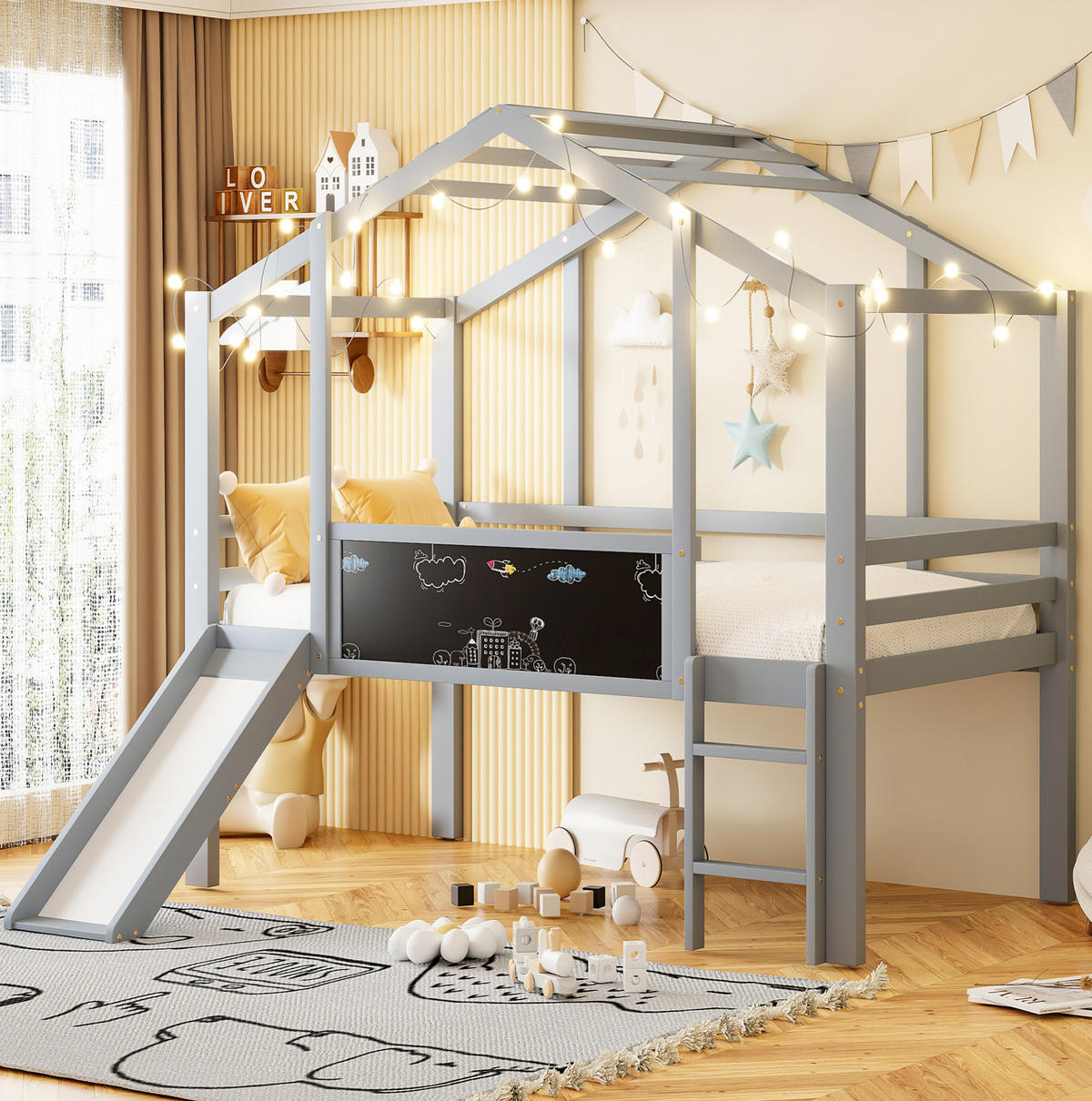 KINDERHOCHBETT Hausstil 90/200 cm, Grau mit Rutsche und Tafel - Grau, Holz (90/200cm) - MIVRAY