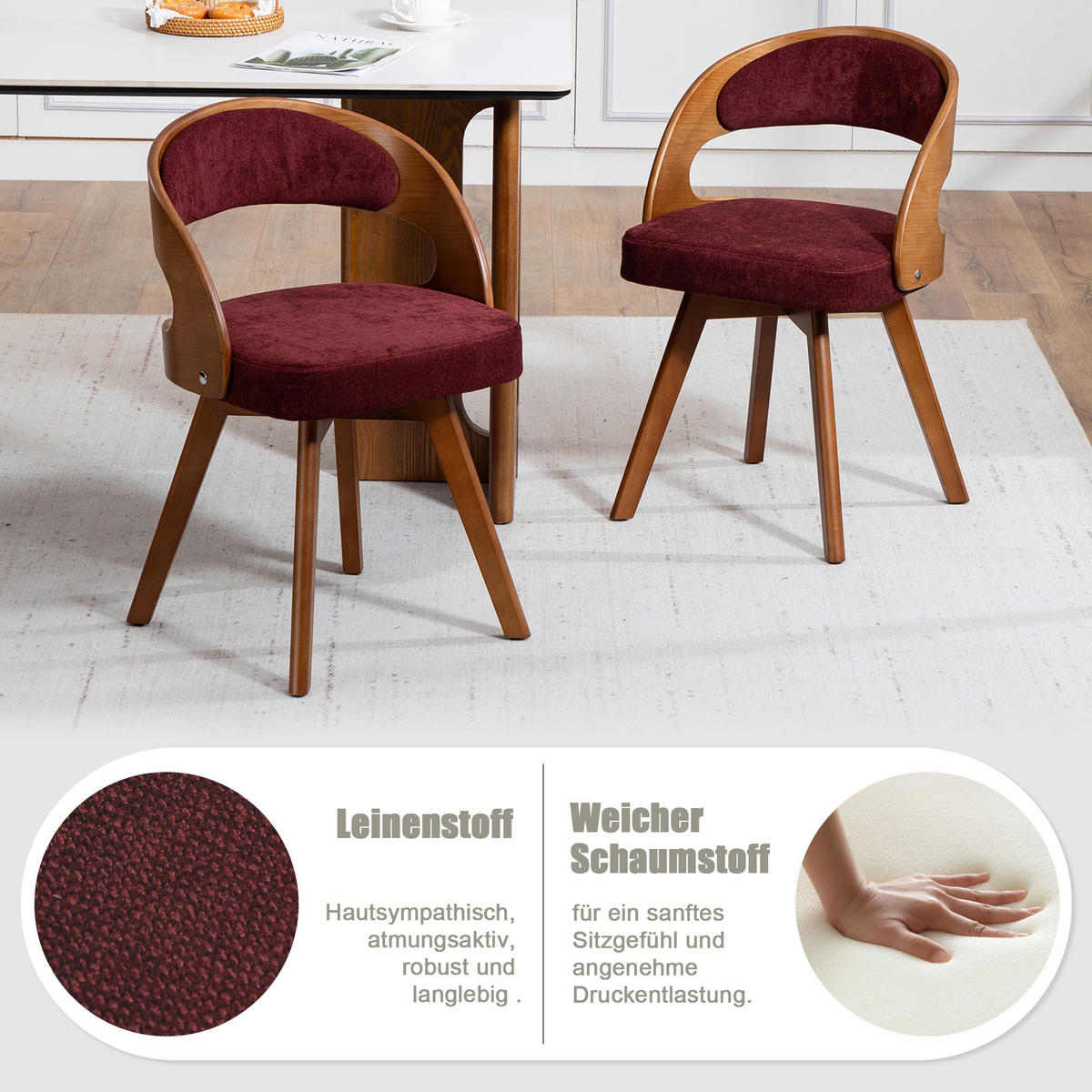 ESSZIMMERSTUHL 2er-Set drehbar mit Leinenkissen, Weinrot - Weinrot, Textil (41/72/44cm)