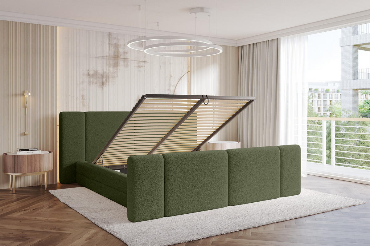 POLSTERBETT mit Bettkasten, Fußteil und Lattenrost, Bett mit Matratze H3/H4 - TEVO-Z 160x200 Grün - Olivgrün, Holzwerkstoff/Textil (160/200cm) - ALTDECOR